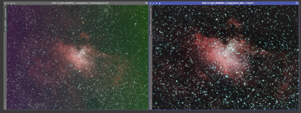 Eagle nebula  On the left is the 8x5min OSC subs calibrated and combined with a screen stretch to see the faint nebulosity.  On the right is the cropped and processed version from June 20, 2017 